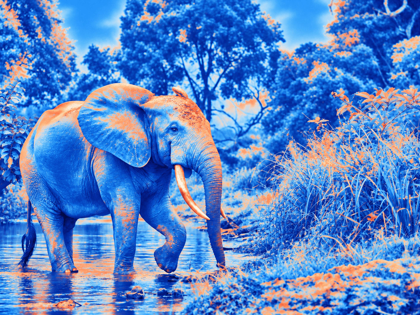 Elephant walking through a forest stream, rendered in blue, icy highlights and coral thermal colours.