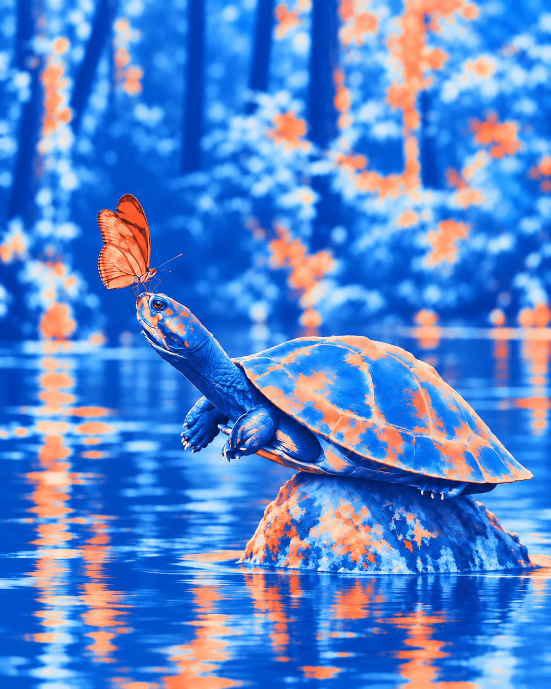 Butterfly resting on a turtle’s nose above a forest pool, rendered in thermal colours.